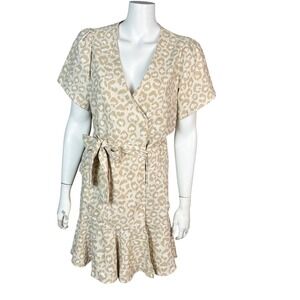 Valentina Shah Linen Dress size 6 Feminine Italy Leopard Neutral Ruffle Handmade